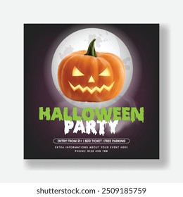 Halloween night party social media post or web banner template with 3d pumpkin illustration