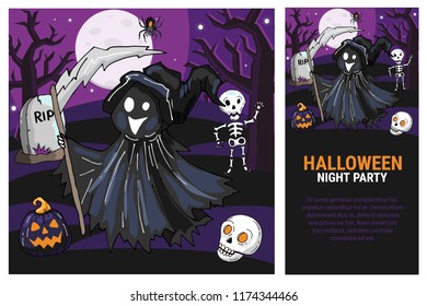 Halloween Night party template for cards, posters, flyers, invitations. Scary scene of Grim Reaper character, skeleton, skull, pumpkin lantern. Vector line hand drawn illustration