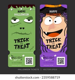 Halloween night party ticket pass template with Frankenstein and witch face design set of two, vector illustration