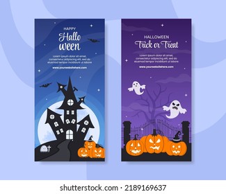 Halloween Night Party Vertical Banner Template Hand Drawn Cartoon Flat Illustration