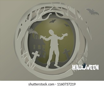 HALLOWEEN night party with Zombies walk out of the gray grave paper craft  and illustration style