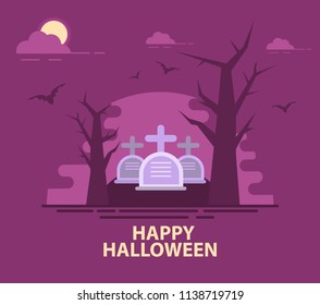 Halloween night party.Template of a festive poster.Greeting card.Holiday night trees and moon,gravestone.Banner flat vector.