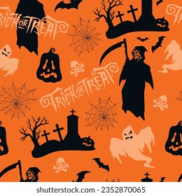 Halloween night pattern seamless colorful death with scythe and ghosts near gravestones and pumpkins waiting for october 31st vector illustration