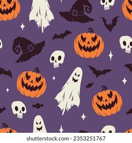 Halloween night pattern seamless colorful with jack o lanterns and pumpkins and ghosts or skulls with bats vector illustration