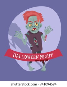 Halloween night placard representing zombie that wants to scary people, title is placed on red ribbon vector illustration isolated on purple