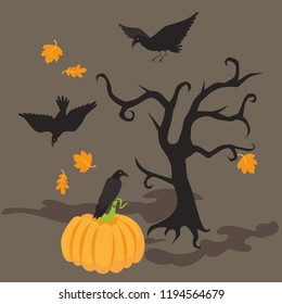 Halloween night poster background with scary tree . Dead creepy Branch, autumn leaves, raven on pumpkin greeting card vector illustration