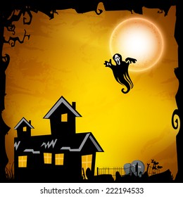 Halloween night poster, banner or flyer design with haunted house and ghost. 
