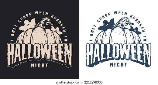 Halloween night poster monochrome vintage spooks hide behind pumpkin to scare attendees of All Hallows Day party vector illustration