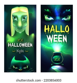 Halloween night poster. Scary party invitation flyer template with green horror witch, magic cat and cooking potion in cauldron. Glowing dark eyes of ghost in magical smoke vector cartoon illustration