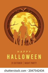 Halloween night poster, Silhouette of zombies walking, Paper cut style.