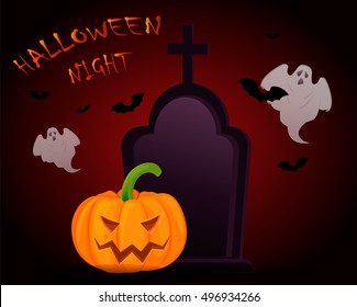 Halloween Night poster. Vector illustration. Pumpkin, headstone, ghosts, bats