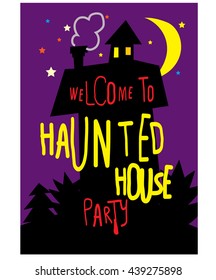 Halloween night poster with welcome to haunted house party lettering. Cartoon style. vector stock illustration