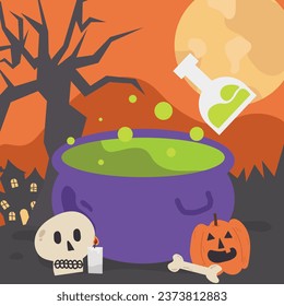 halloween night potion ritual in flat illustration