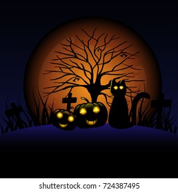 Halloween night with pumpkin and black cat