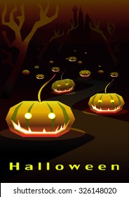 Halloween night with pumpkin and castle vector drawing.