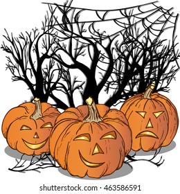 halloween night, pumpkin with glowing eyes, black forest on a white background
