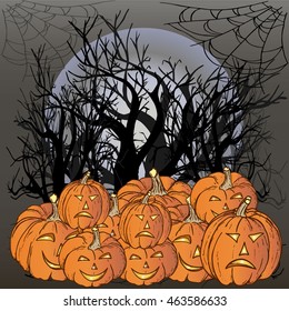 halloween night, pumpkin with glowing eyes on a background of a dark forest with a full moon