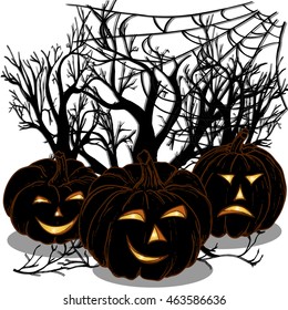 halloween night, pumpkin with glowing eyes, black forest on a white background
