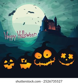 halloween night with pumpkin monsters and castle