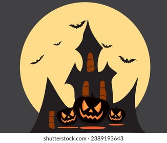 Halloween night, pumpkin, moon, dark atmosphere, vector illustration