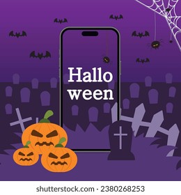 Halloween night and pumpkin poster in mobile style. Vector illustration, spider web and flying bats. Place for brochure background text.