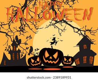 Halloween night, pumpkin,moon, bird,witch, dark atmosphere, vector illustration