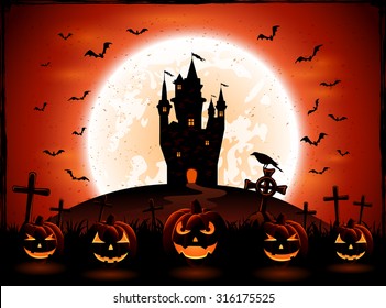 Halloween night with pumpkins, bats and castle on Moon background, illustration.