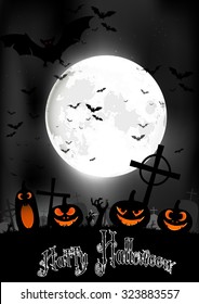 Halloween night with pumpkins and bats on graveyard on the full moon. vector