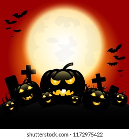 Halloween night with pumpkins and blue Moon, Vector, EP10, illustration.