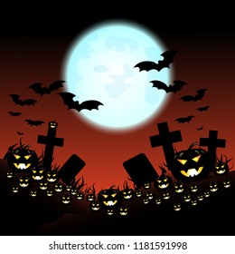 Halloween night with pumpkins and blue Moon, Vector, EP10, illustration.