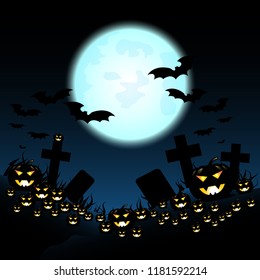 Halloween night with pumpkins and blue Moon, Vector, EP10, illustration.