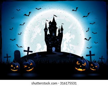 Halloween night with pumpkins, and castle on blue Moon background, illustration.