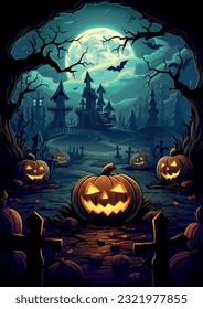 Noche de Halloween, calabazas, atmósfera oscura, ilustración vectorial