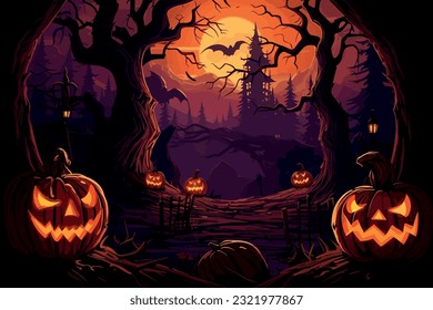 Noche de Halloween, calabazas, atmósfera oscura, ilustración vectorial