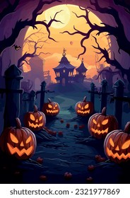 Halloween night, pumpkins, dark atmosphere, vector illustration