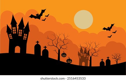 Halloween night, pumpkins, dark atmosphere, vector illustration