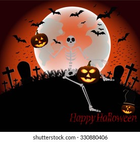 Halloween night with pumpkins and dark castle on Moon background, illustration