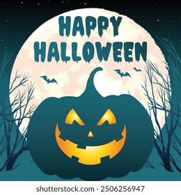 Halloween night with pumpkins, and Moon background, Halloween day illustration. Halloween theme with dark night background, illustration.