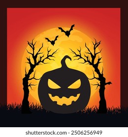 Halloween night with pumpkins, and Moon background, Halloween day illustration. Halloween theme with dark night background, illustration.