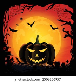 Halloween night with pumpkins, and Moon background, Halloween day illustration. Halloween theme with dark night background, illustration.