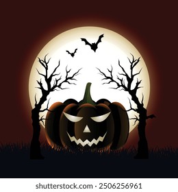 Halloween night with pumpkins, and Moon background, Halloween day illustration. Halloween theme with dark night background, illustration.