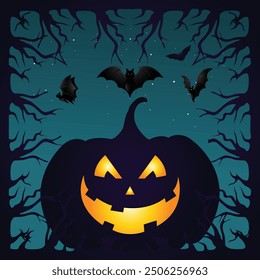 Halloween night with pumpkins, and Moon background, Halloween day illustration. Halloween theme with dark night background, illustration.