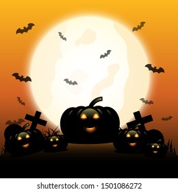 Halloween night with pumpkins under the moonlight, stock vector