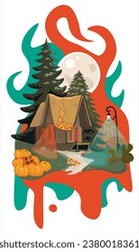 Halloween night, pumpkins. Vector illustration. Shed in a woods