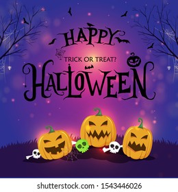 Halloween night purple background with pumpkin and calligraphy inscription Happy Halloween.  