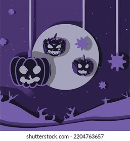Halloween night purple background spooky pumpkins paper art style
