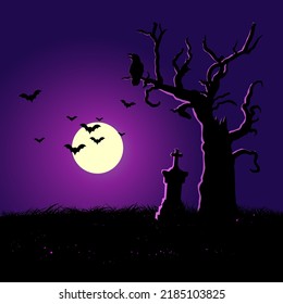 Halloween night, purple violet background, crown on tree, tomb and bats. Social media marketing template with copyspace