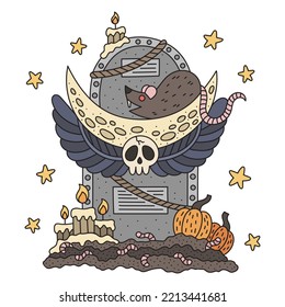 Halloween night. Rat sitting on a grave with moon symbol. Decorated with pumpkins and candles. Cute vector illustration