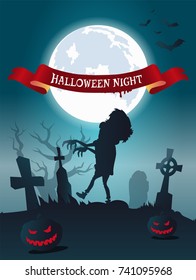 Halloween night scary banner with bats flying over monster wandering at graveyard. Vector illustration with creature among pumpkins illuminated by moon