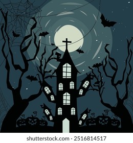 Halloween Night And Scary Haunted House Background Vetor Design.